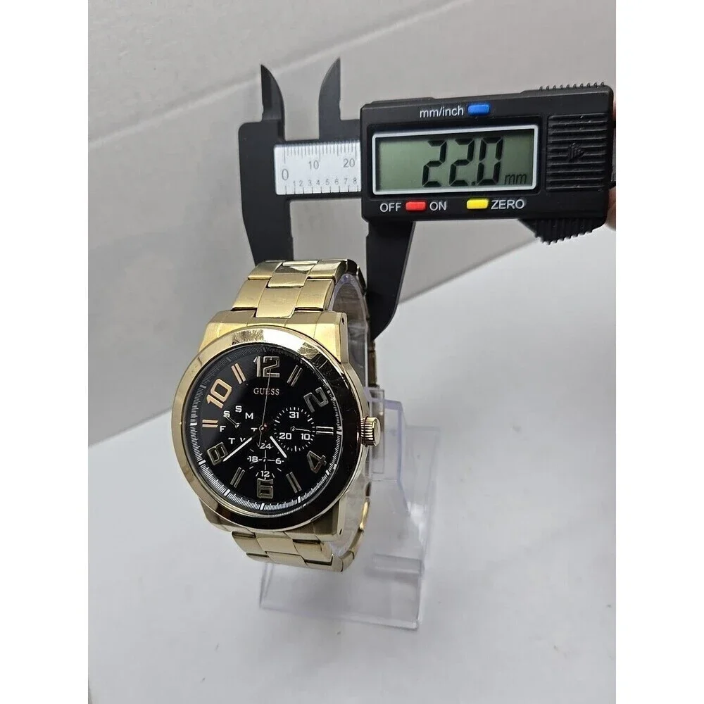 Mens Guess Steel Gold Tone 44mm Day Date Watch 100M Quartz New Battery Classic